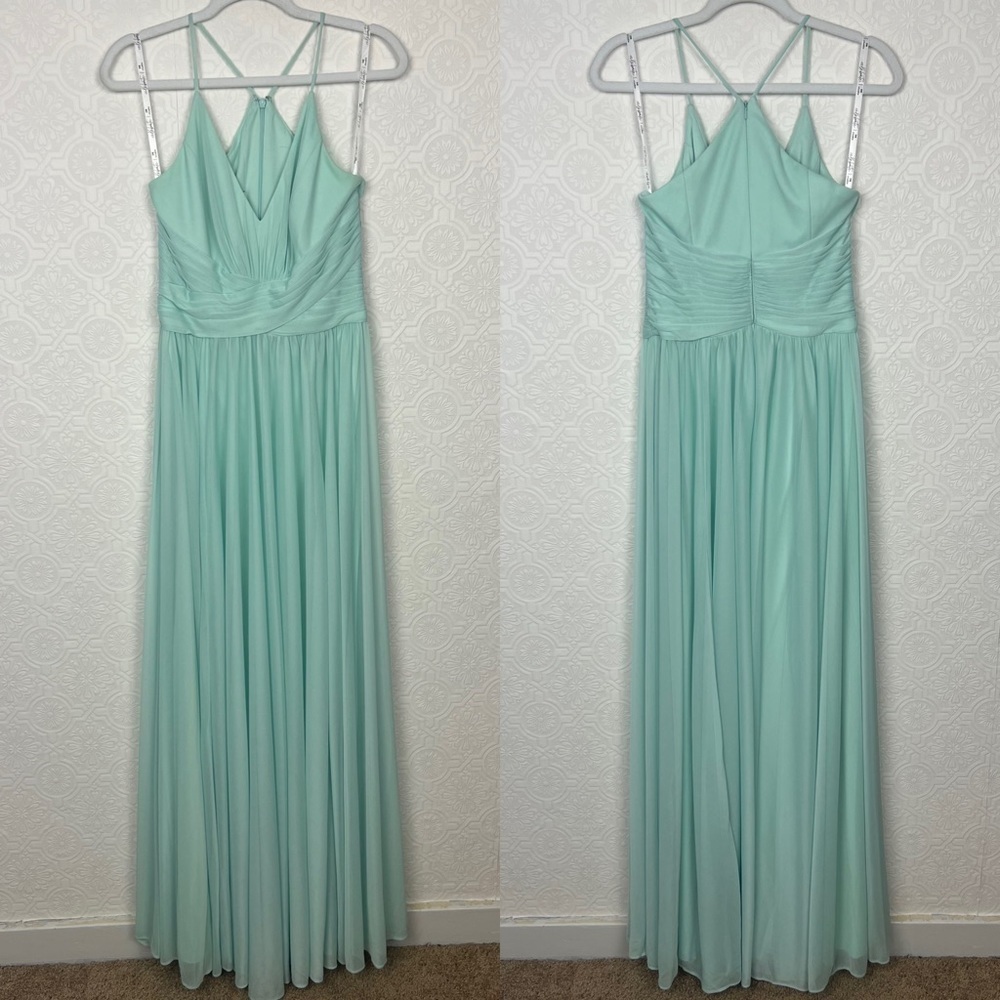 David’s Bridal Maxi Dress Racerback Chiffon Formal Dance bridesmaid Mint F20052 - Picture 1 of 11